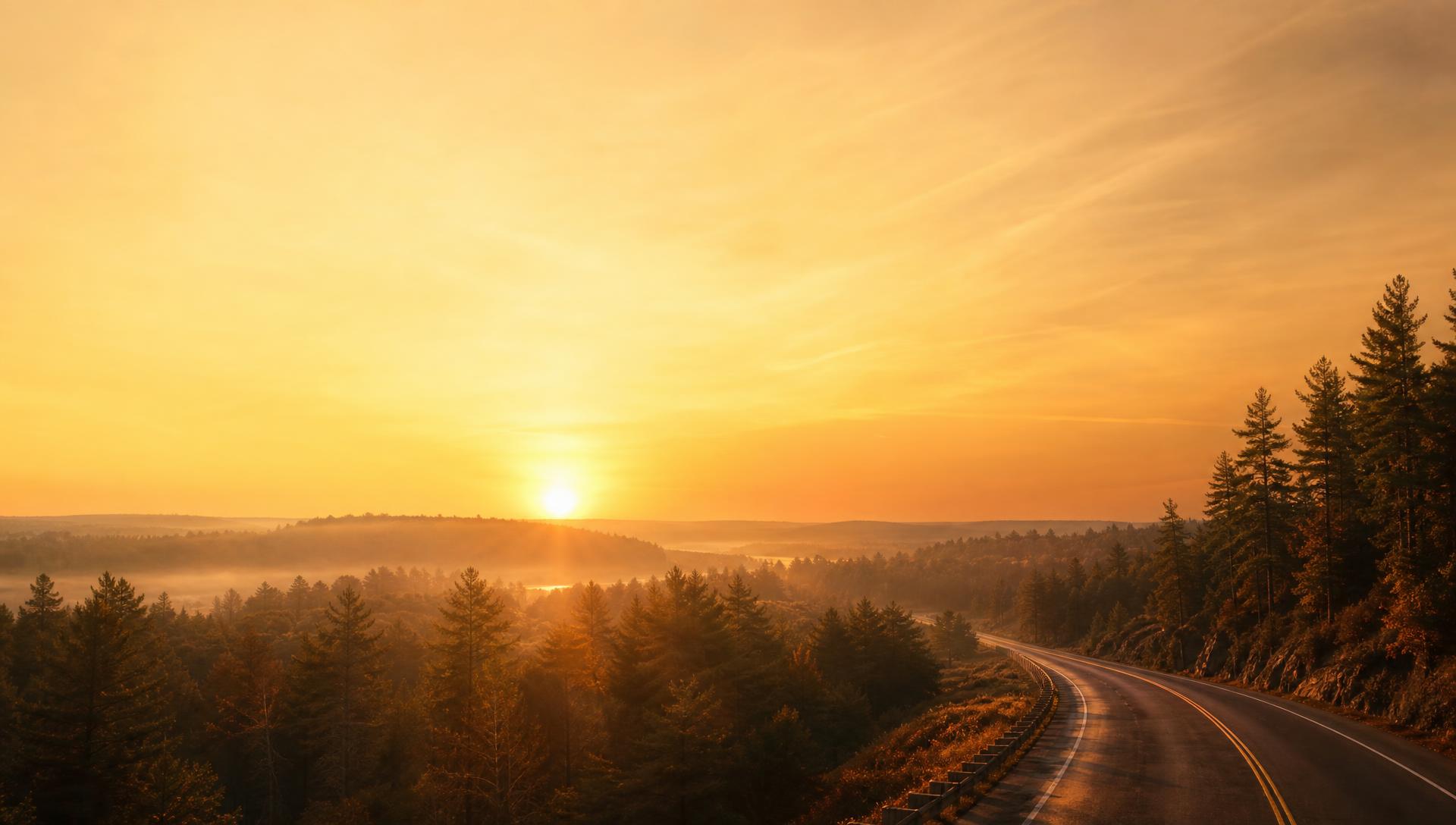 Sunrise over Highway 11 in Muskoka with the Jonny's Diner roadside sign